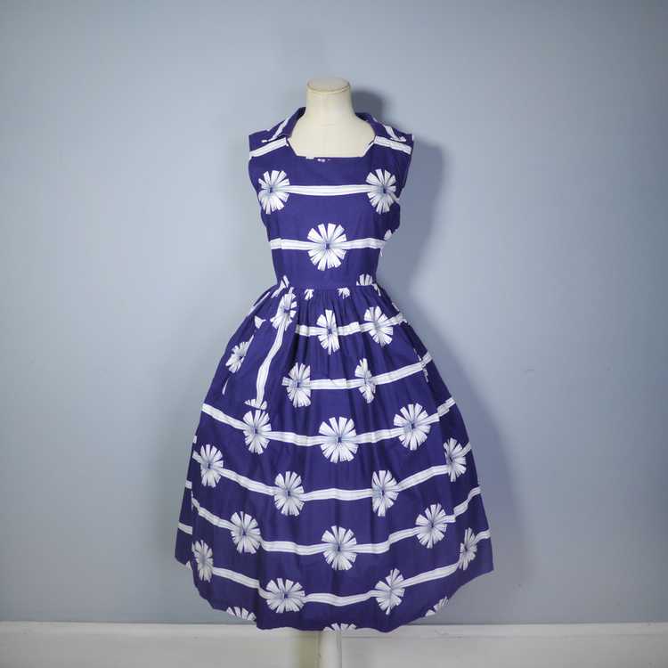 50s BLUE WHITE RIBBON AND BOW PRINT COTTON DAY DR… - image 7