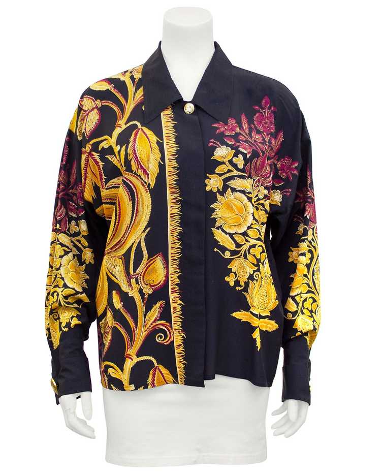 Versace Black Silk Shirt with Gold and Maroon Bot… - image 3