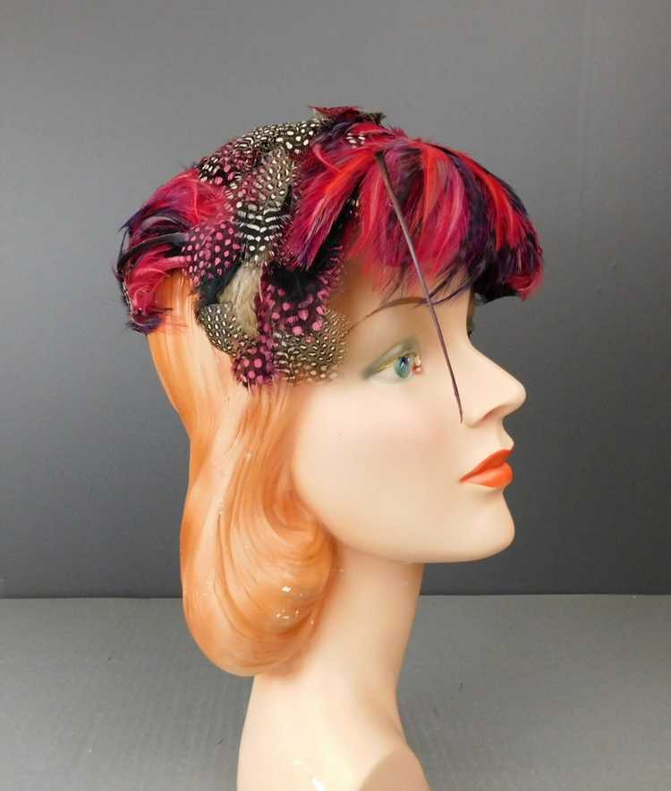 Vintage Dramatic Feather Hat Pink, Black & White,… - image 4