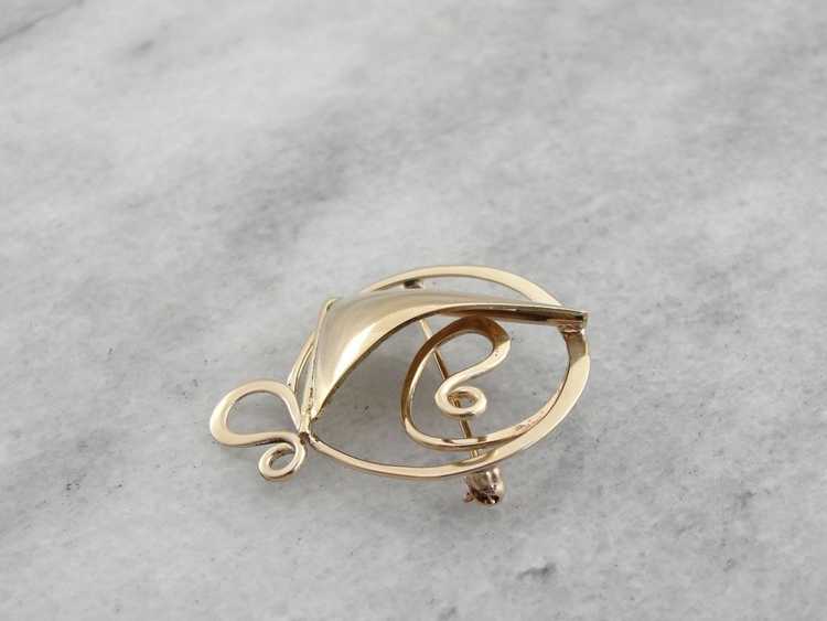 Modernist Style, Abstract Swirling Gold Brooch - image 3