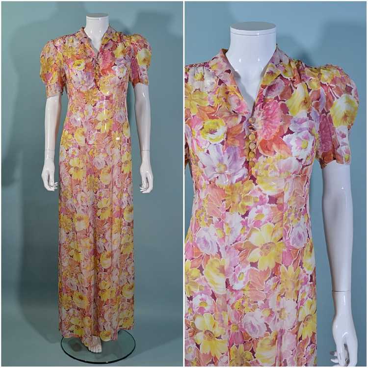 Vintage 1930s Sheer Floral Print Maxi Dress Puff … - image 6