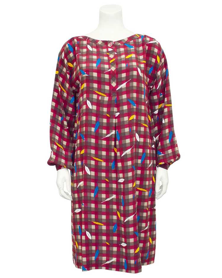 Basile Maroon Check and Feather Print Silk Dress - image 2