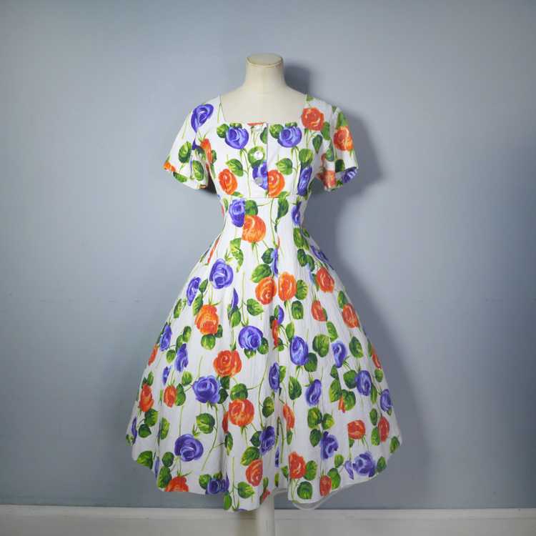 50s 60s PURPLE AND ORANGE FLORAL FIT AND FLARE CO… - image 5