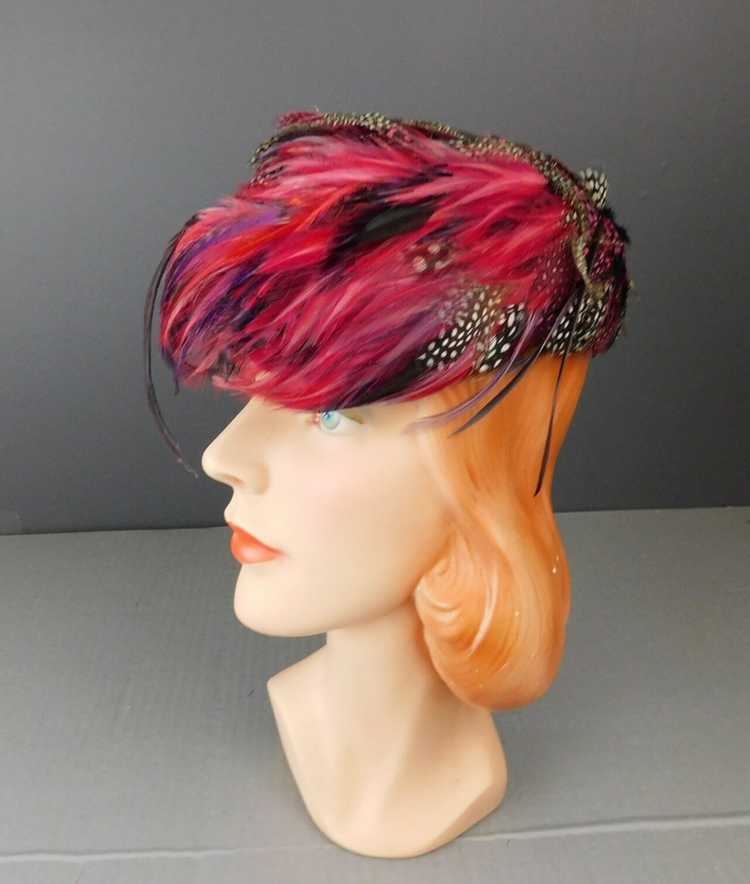 Vintage Dramatic Feather Hat Pink, Black & White,… - image 7