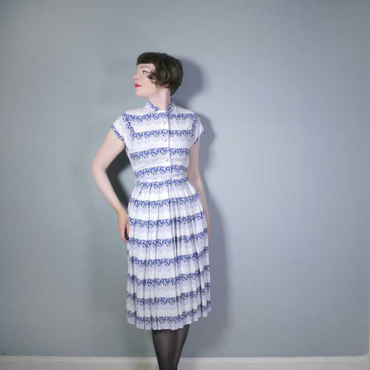 40s BLUE WHITE AND GREY TEA / SHIRT DRESS WITH SC… - image 1