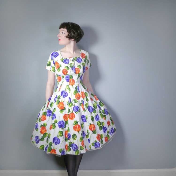 50s 60s PURPLE AND ORANGE FLORAL FIT AND FLARE CO… - image 1