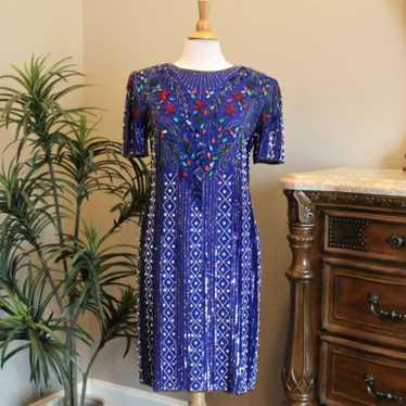 Jewel Queen Vintage Beaded Sequined Silk Dress Blu