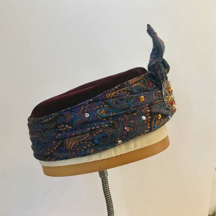 Paisley, Velvet & Rhinestone Turban Style Pillbox… - image 5