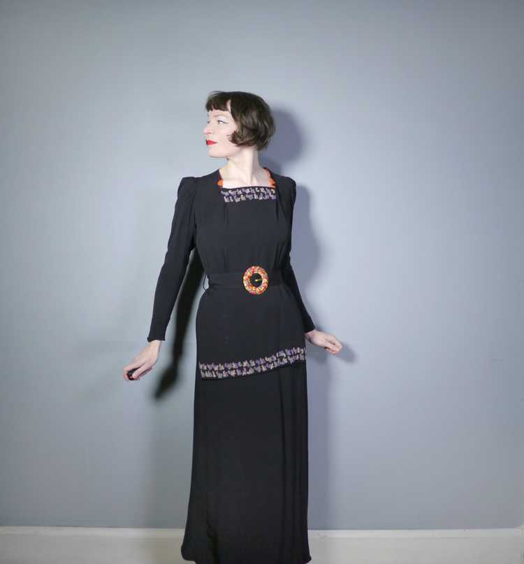 30s 40s BLACK CREPE EVENING DRESS WITH BEADED PEP… - image 1