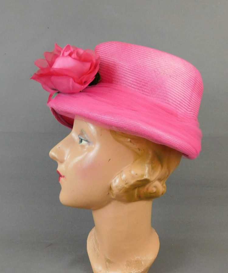 Vintage Bright Pink Straw Hat with Flowers and Tu… - image 5