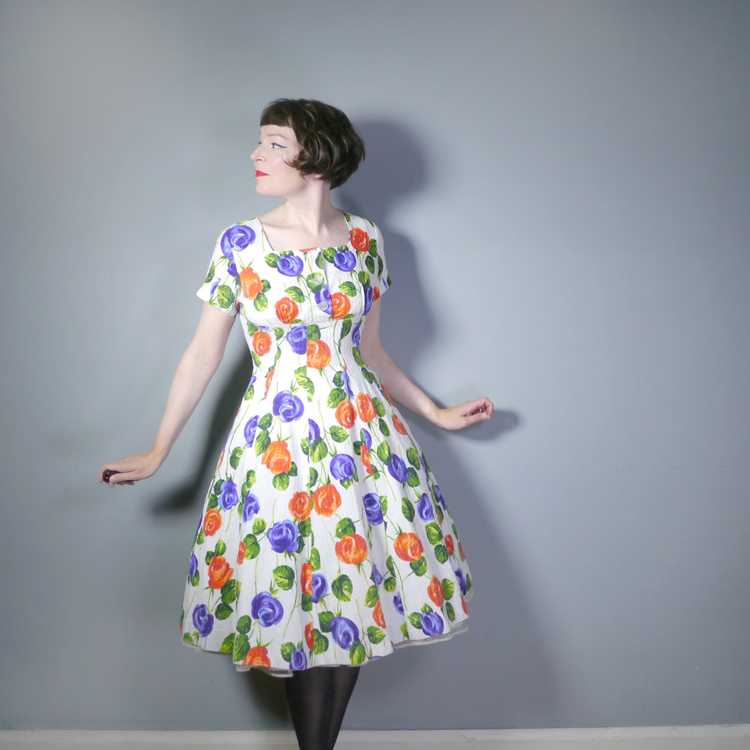 50s 60s PURPLE AND ORANGE FLORAL FIT AND FLARE CO… - image 3