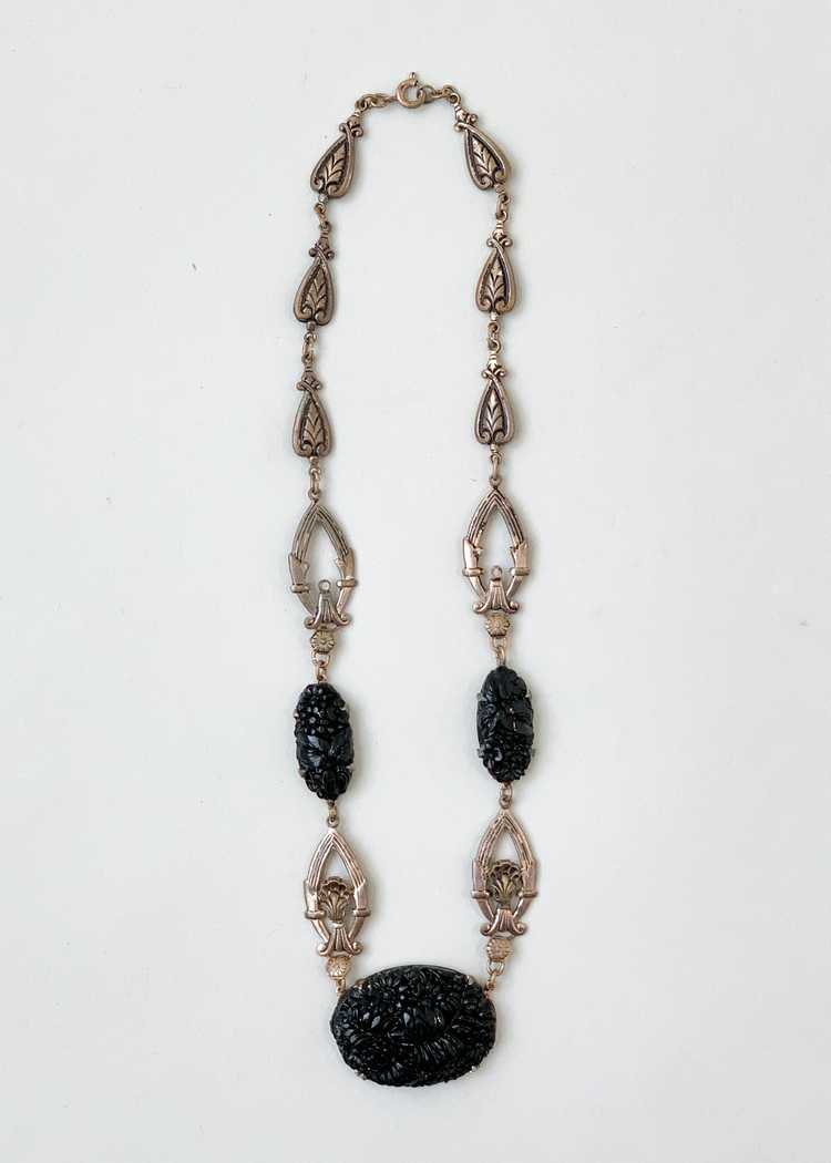 Vintage 1930s Black Glass and Brass Necklace - image 3