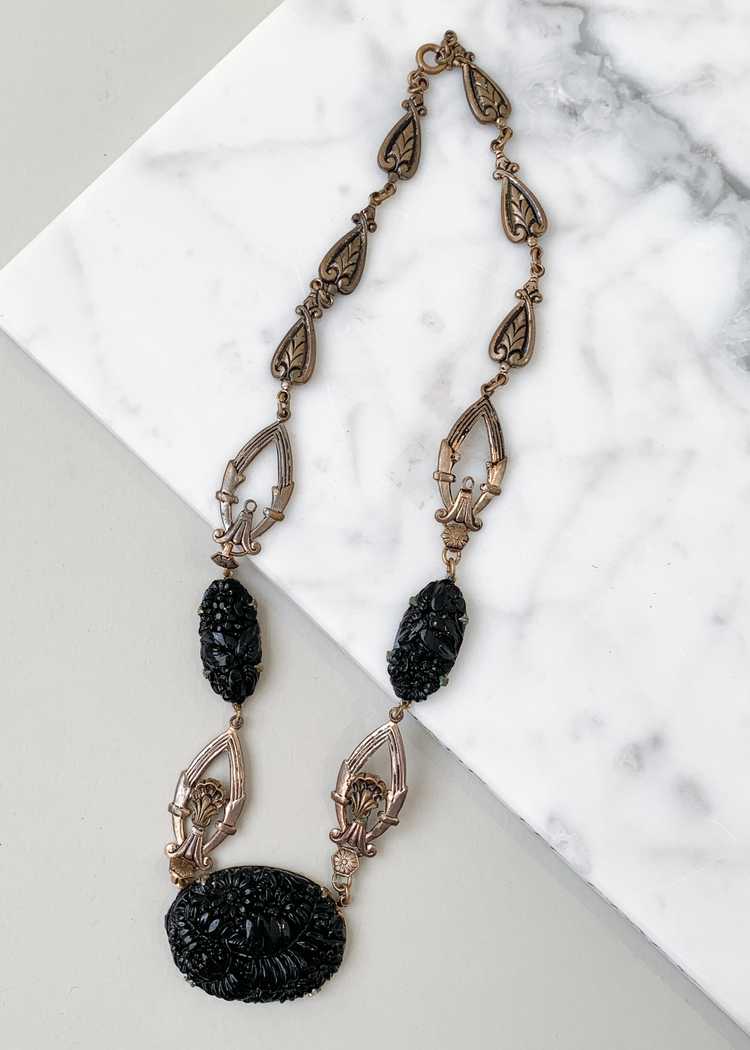 Vintage 1930s Black Glass and Brass Necklace - image 2