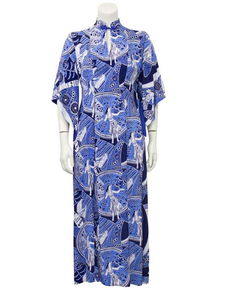 Blue Hawaiian Print Rayon Hostess Gown - image 3