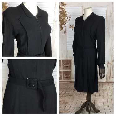 Original 1940s 40s Vintage Black Crepe Day Dress - image 1
