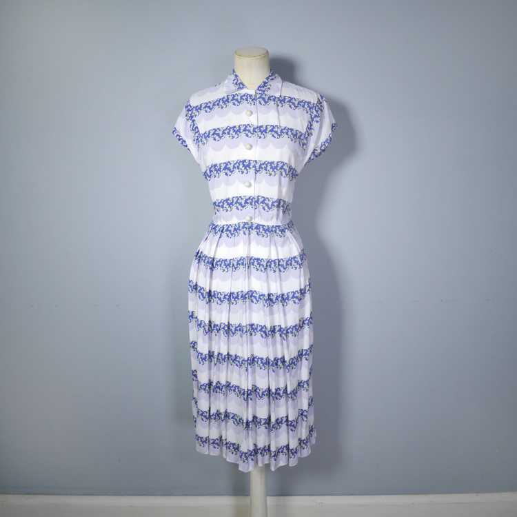 40s BLUE WHITE AND GREY TEA / SHIRT DRESS WITH SC… - image 6