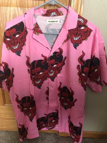 Designer Pink Devil Hawaiian Button Down Shirt Men