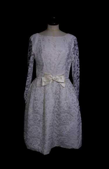 50/% OFF SPRING SALE Vintage 1960s Ivory Floral Print Lace Satin Evening Elegant Formal Short Sleeve Aline Party Midi Dress Gown Sz Medium