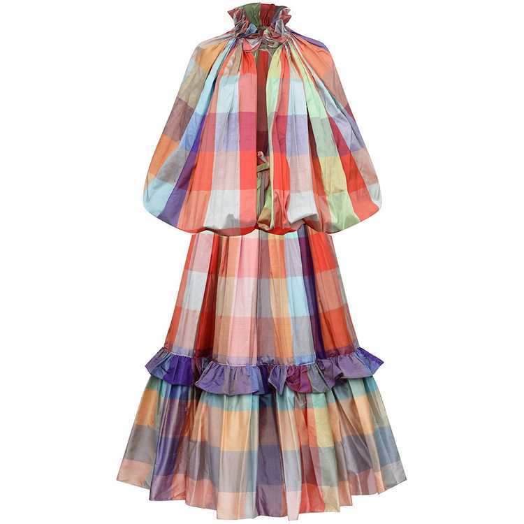 1970s Unknown Couture Colourful Silk Checked Skir… - image 1