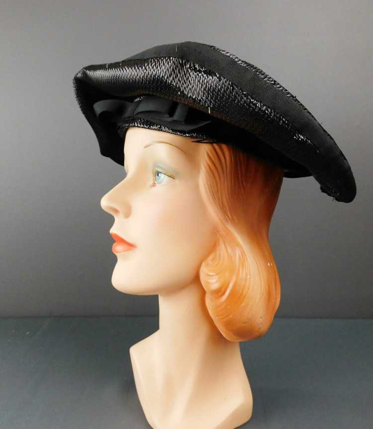 Vintage Black Straw Pancake Hat 1950s, 14 inches … - image 8
