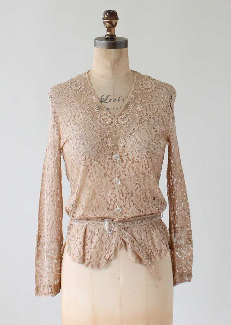 Vintage 1930s Nude Lace Blouse with Glass Buttons - image 6