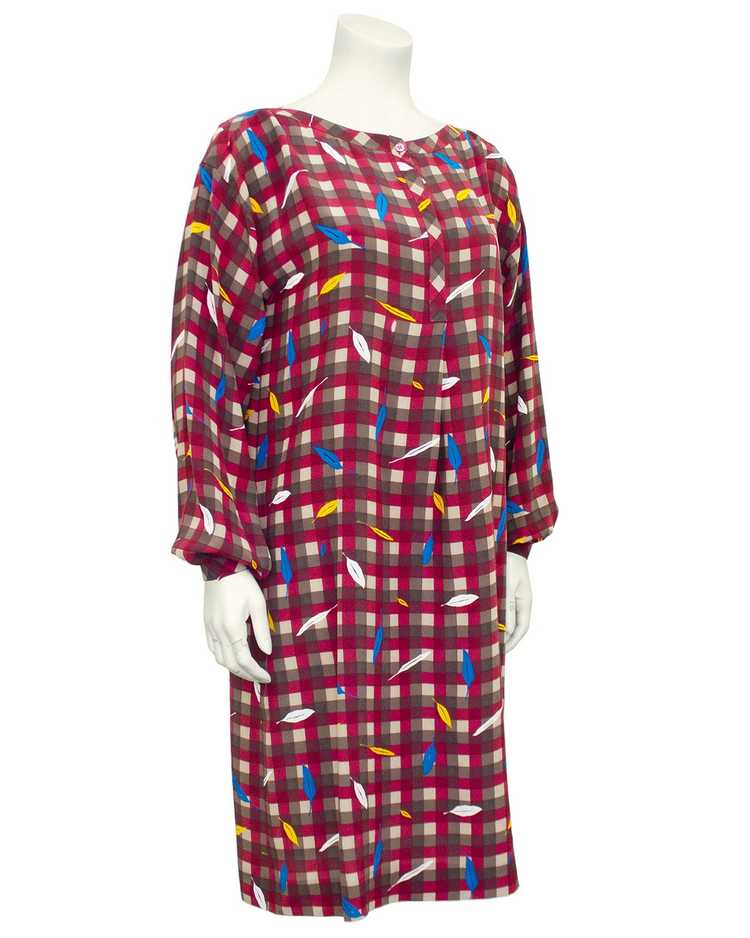 Basile Maroon Check and Feather Print Silk Dress - image 1