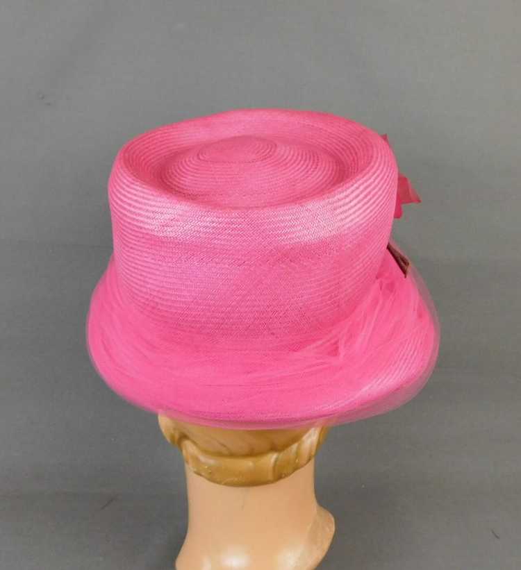 Vintage Bright Pink Straw Hat with Flowers and Tu… - image 7