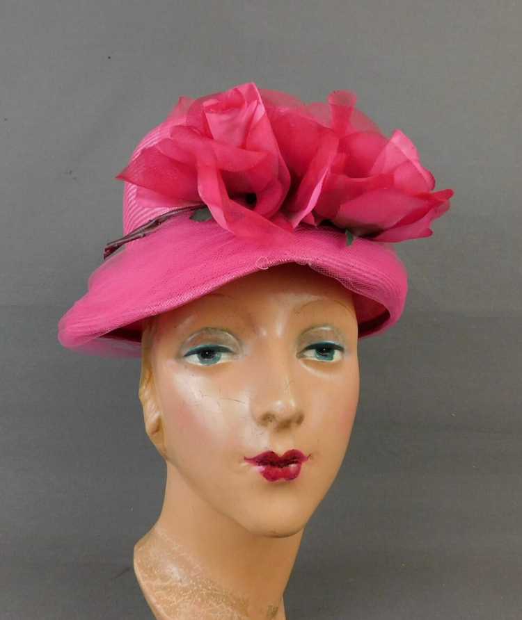 Vintage Bright Pink Straw Hat with Flowers and Tu… - image 2