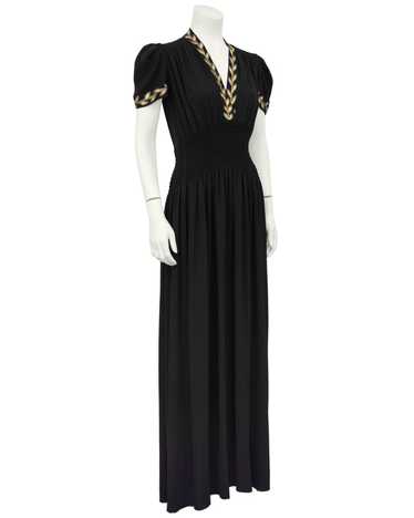 Black Moss Crepe and Gold Thread Evening Dress - image 1