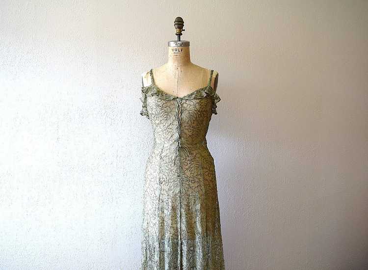 1930s green lace and gold lame gown . vintage 30s… - image 1