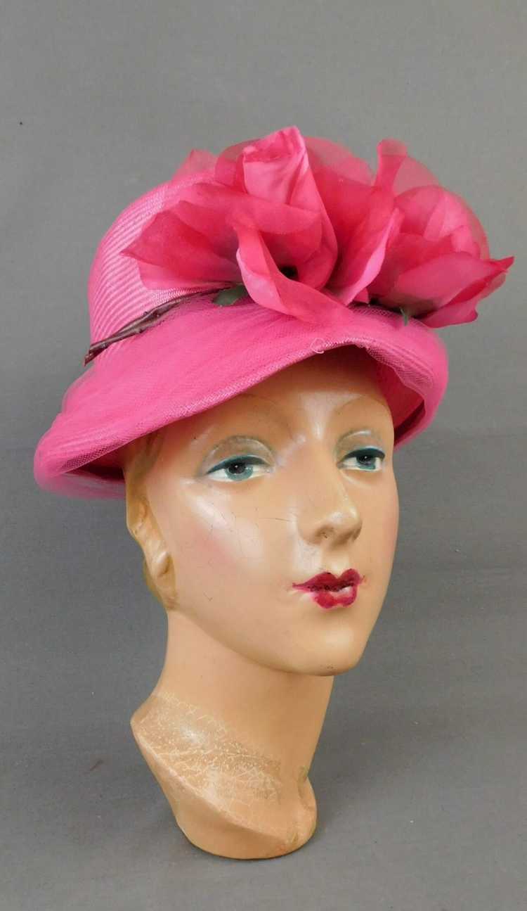Vintage Bright Pink Straw Hat with Flowers and Tu… - image 1