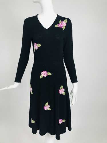 1950s Hand Knit Intarsia Floral Knit Fit & Flair D
