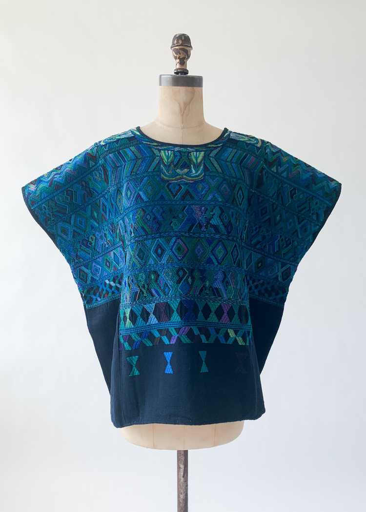 Vintage 1960s Blue Embroidered Huipil - image 1