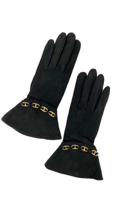 Hermès 1980s Gold Anchor Chain Black Suede Gloves