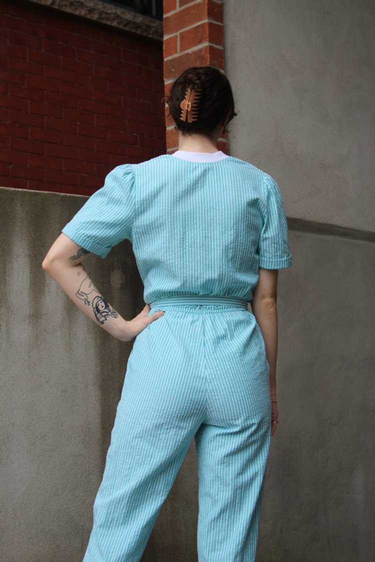 Vintage Teal Pinstriped Jumpsuit - S - image 4