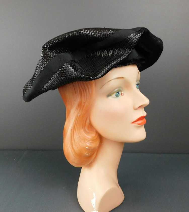 Vintage Black Straw Pancake Hat 1950s, 14 inches … - image 4