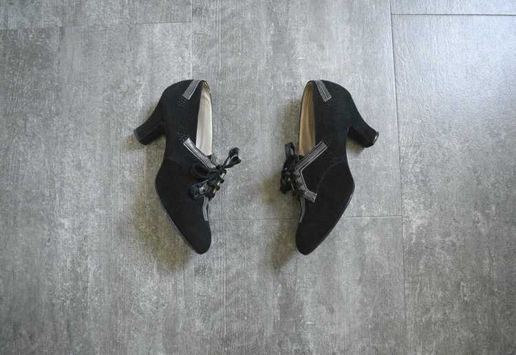 1930s 1940s shoes . black suede lace up heels - image 1
