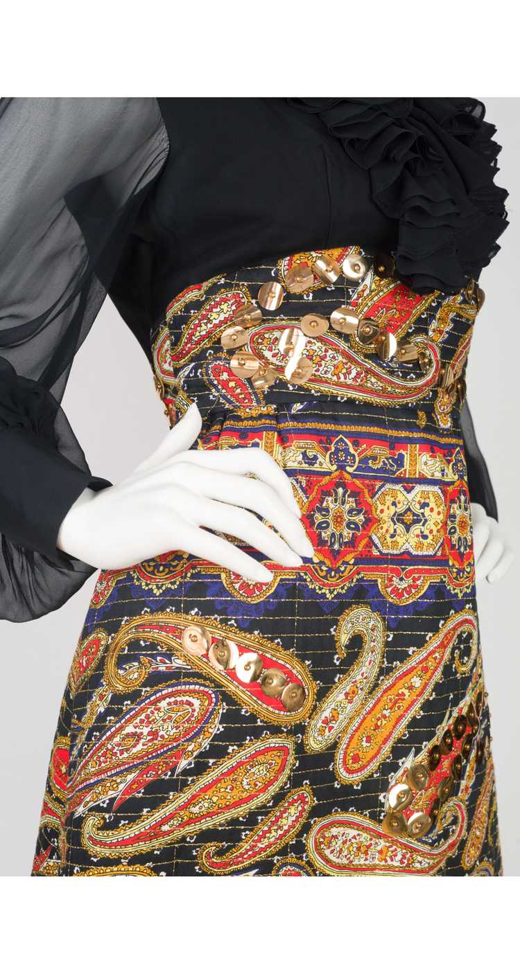 Mollie Parnis 1970s Black Chiffon & Quilted Paisl… - image 4