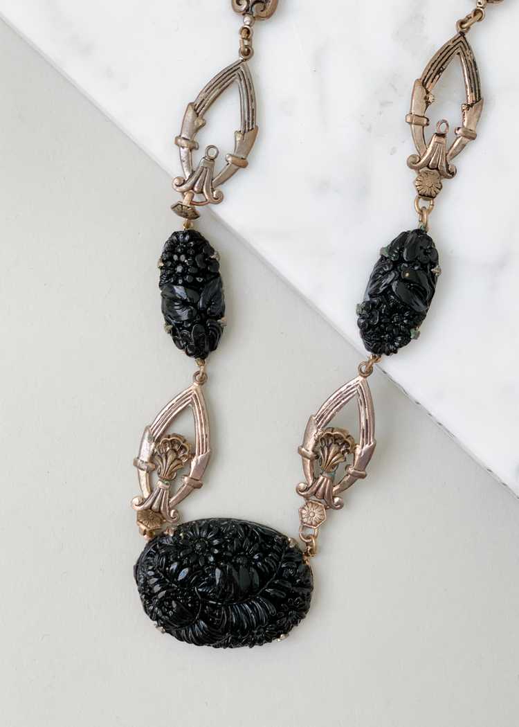 Vintage 1930s Black Glass and Brass Necklace - image 4