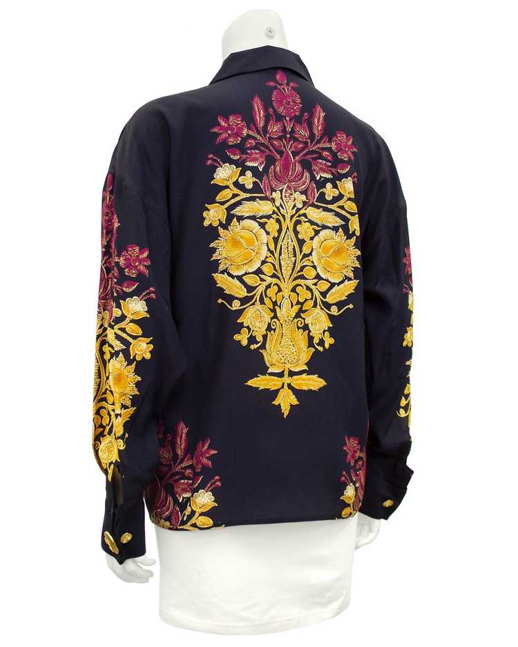 Versace Black Silk Shirt with Gold and Maroon Bot… - image 2