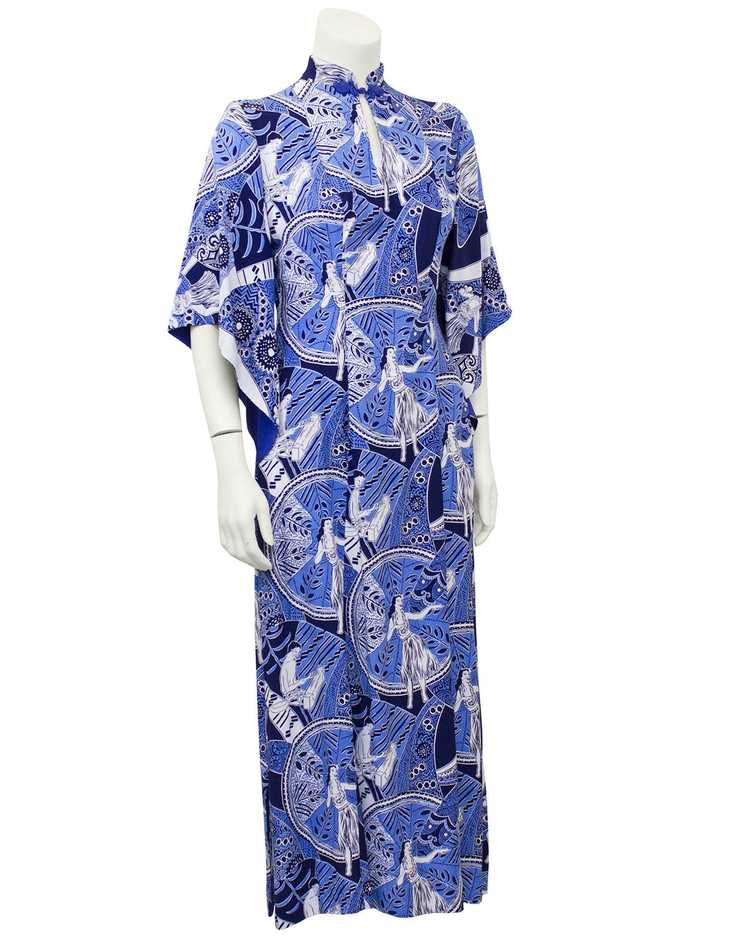 Blue Hawaiian Print Rayon Hostess Gown - image 1