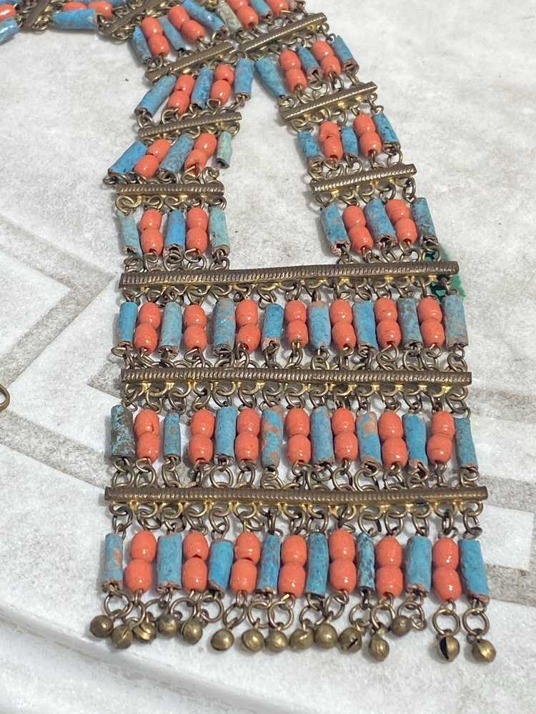 Vintage Egyptian Revival Coral and Faience Bead N… - image 3