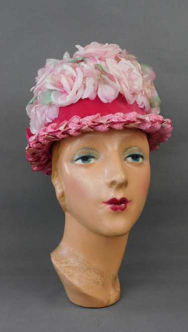 Vintage Pink Floral Straw Hat with Velvet Ribbon 1