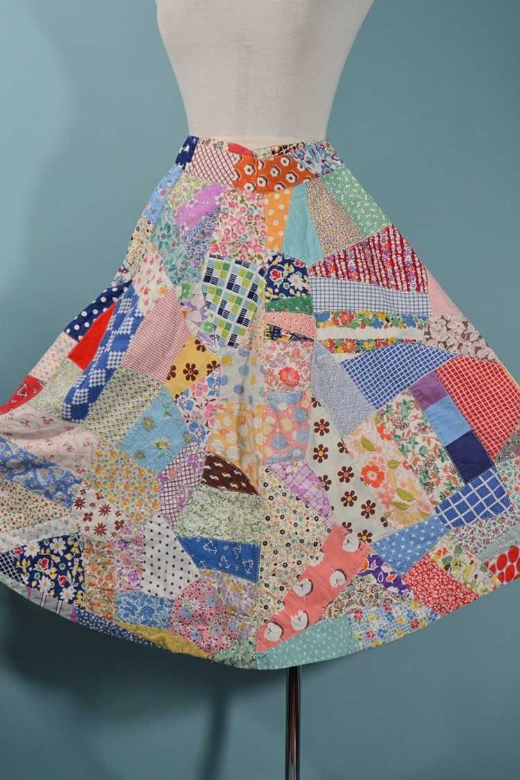 Vintage 60s Patchwork Skirt, 30s Feed Sack Quit S… - image 1