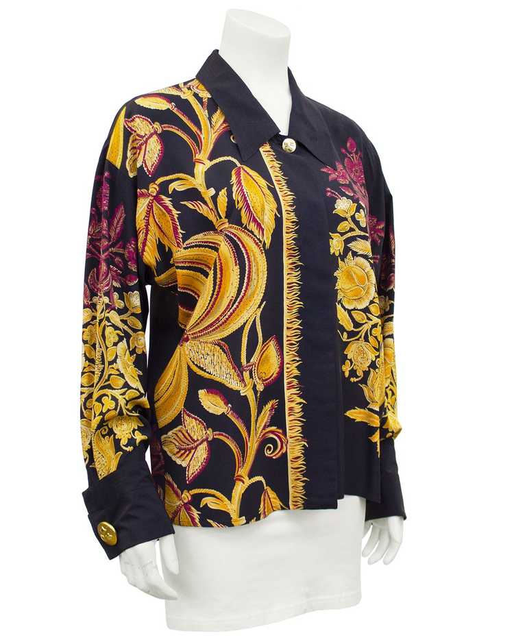 Versace Black Silk Shirt with Gold and Maroon Bot… - image 1