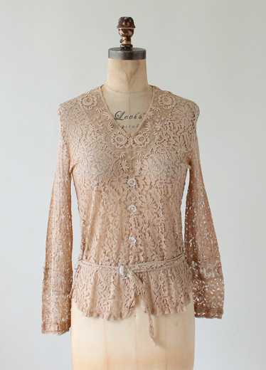 Vintage 1930s Nude Lace Blouse with Glass Buttons - image 1