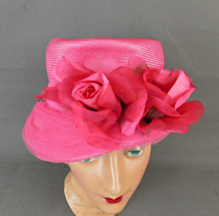 Vintage Bright Pink Straw Hat with Flowers and Tu… - image 4