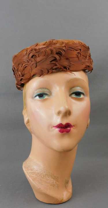 Vintage Brown Feather Pillbox Hat, 1960s, 22 inch 