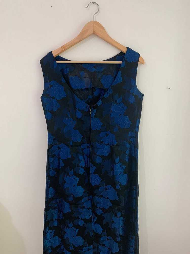 Vintage 1960s Blue Black Brocade Floral Column Dr… - image 5