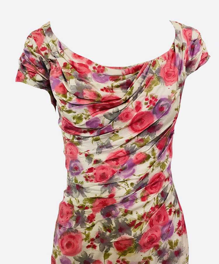 Ceil Chapman 50s Floral Cotton Sexy Shirred Wiggl… - image 3